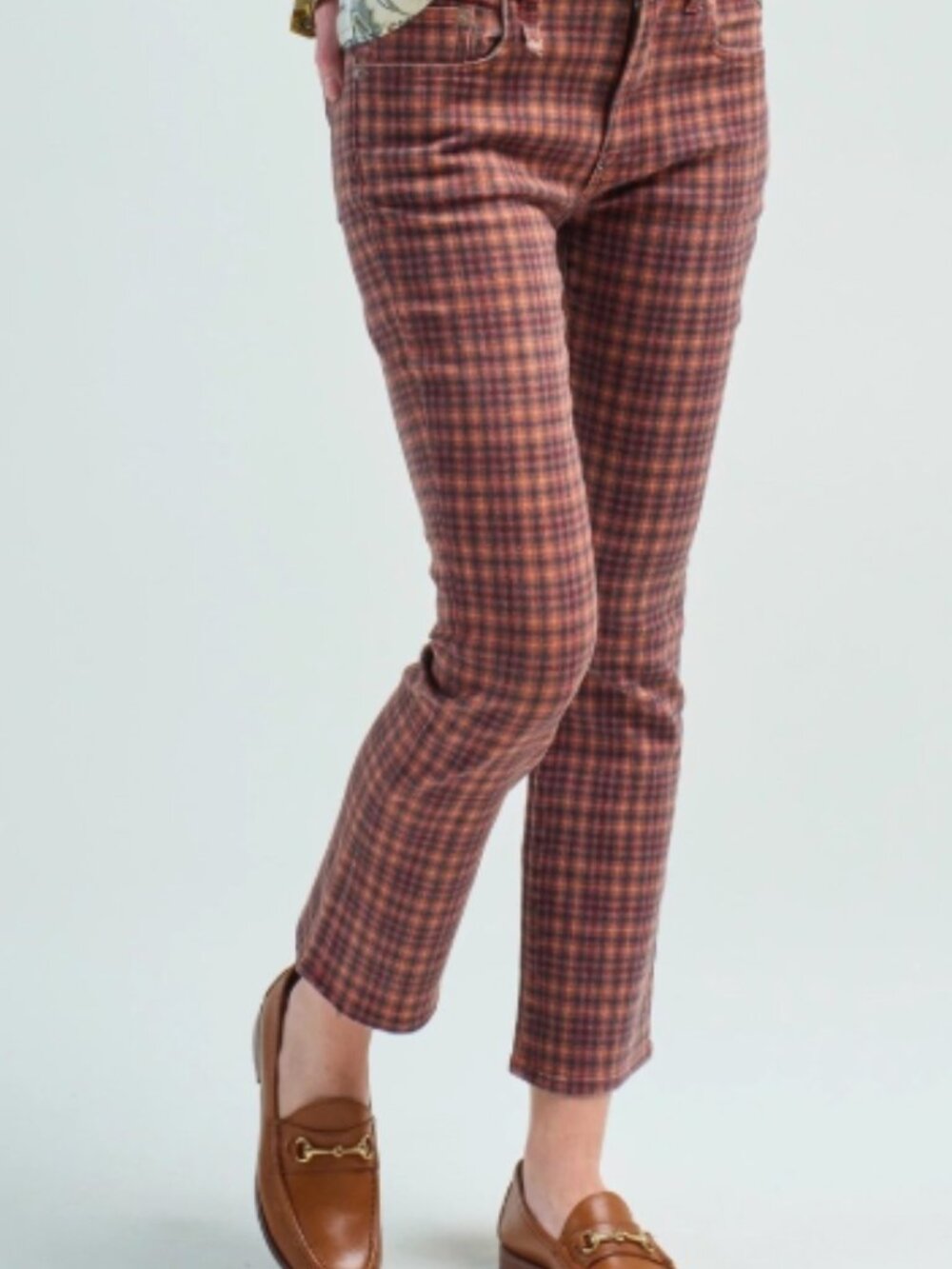 R13 Boy Straight Crop Flare Pants Printed Auburn Plaid Streetwear Size 31 NWT